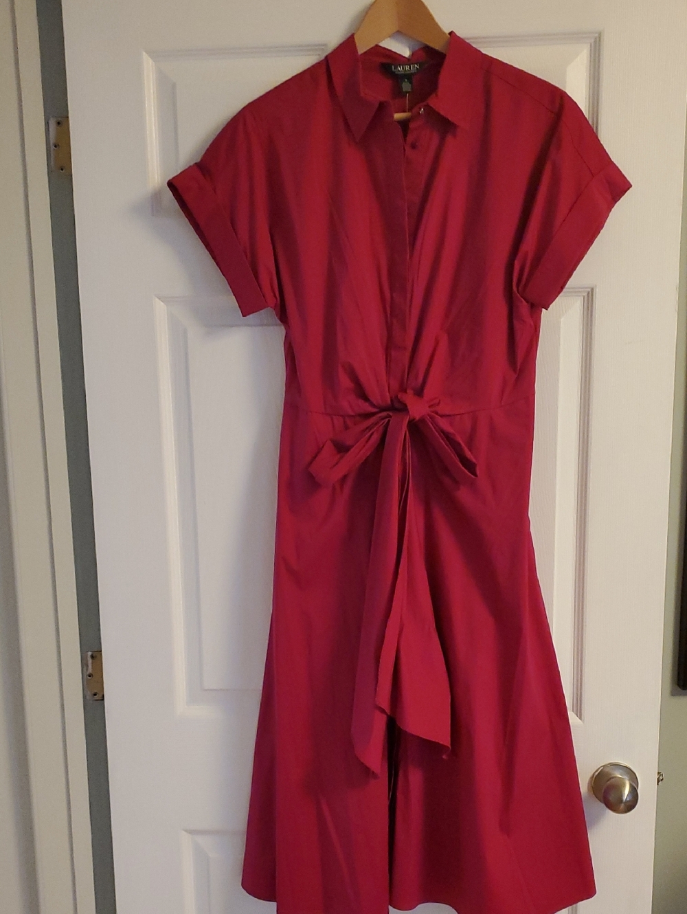 Lauren Ralph Lauren Cherry-Red-Pink Tie-Front Midi Shirt Dress